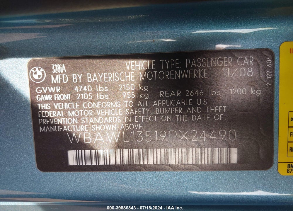 2009 BMW 328I VIN: WBAWL13519PX24490