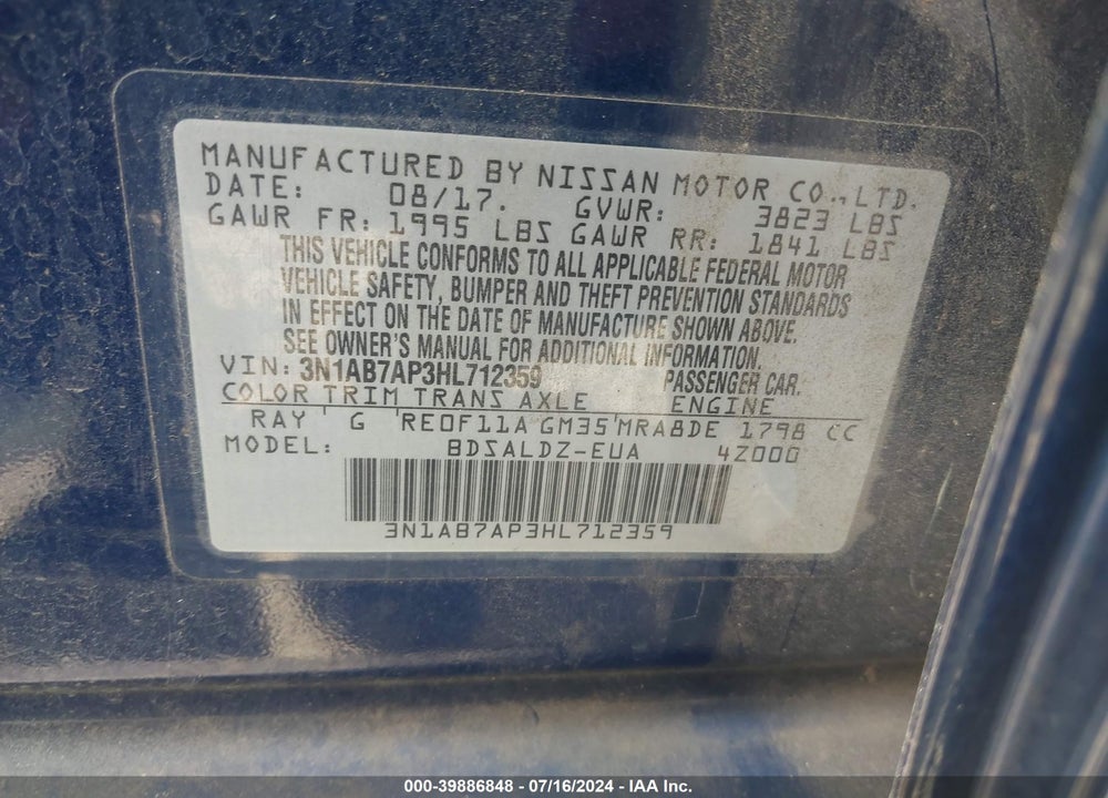 2017 NISSAN SENTRA SV VIN: 3N1AB7AP3HL712359