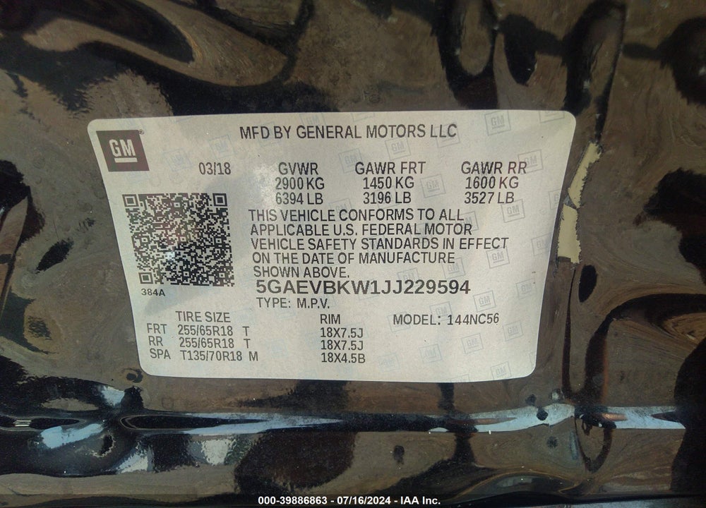 2018 BUICK ENCLAVE PREMIUM VIN: 5GAEVBKW1JJ229594