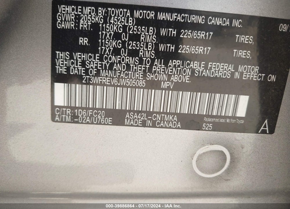 2018 TOYOTA RAV4 XLE VIN: 2T3WFREV6JW505085