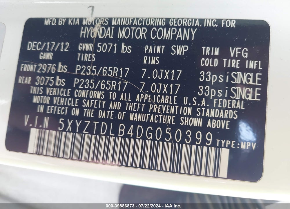 2013 HYUNDAI SANTA FE SPORT VIN: 5XYZTDLB4DG050399