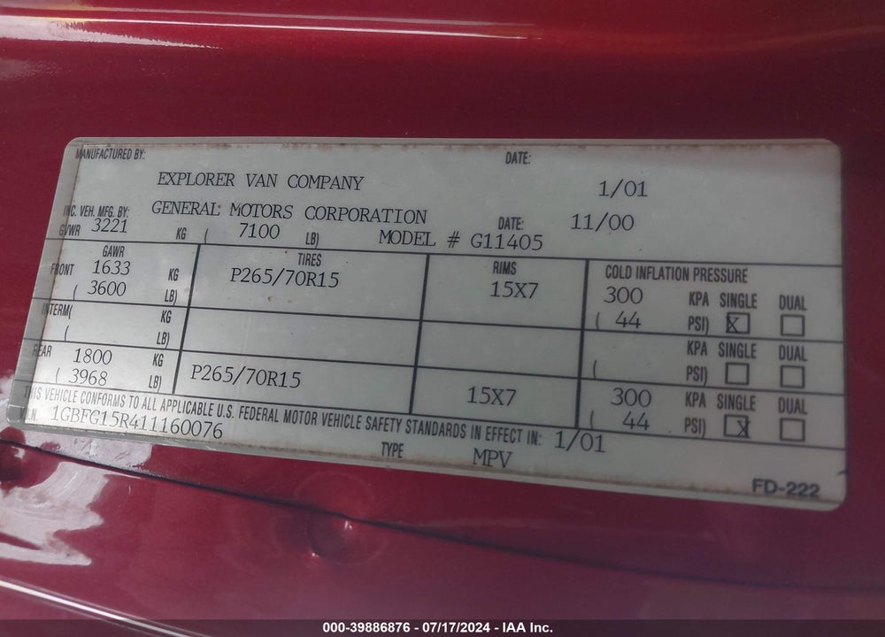 2001 CHEVROLET EXPRESS UPFITTER VIN: 1GBFG15R411160076