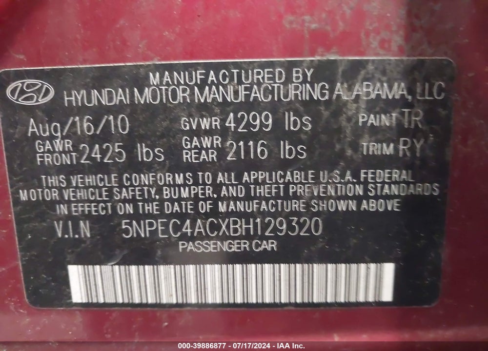 2011 HYUNDAI SONATA SE VIN: 5NPEC4ACXBH129320