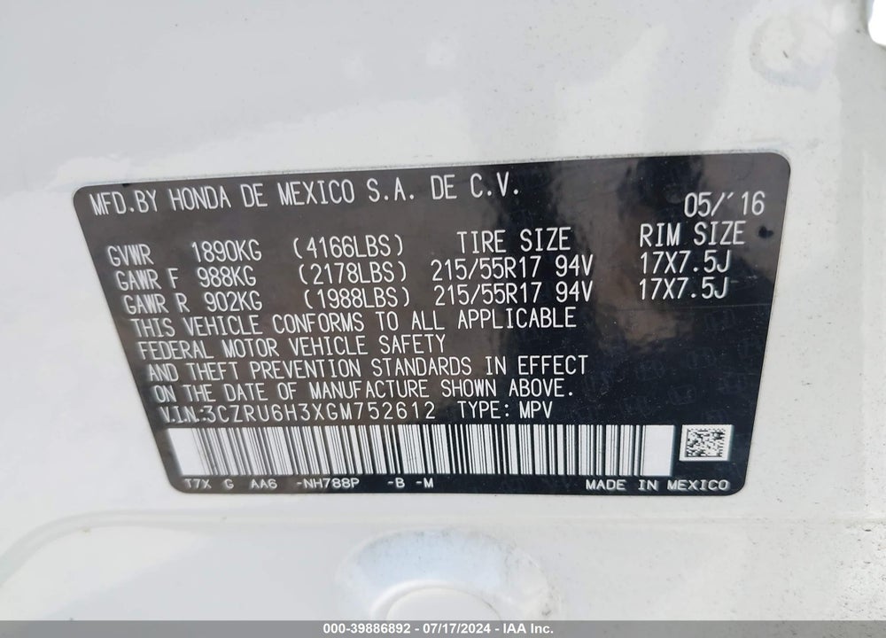 2016 HONDA HR-V LX VIN: 3CZRU6H3XGM752612
