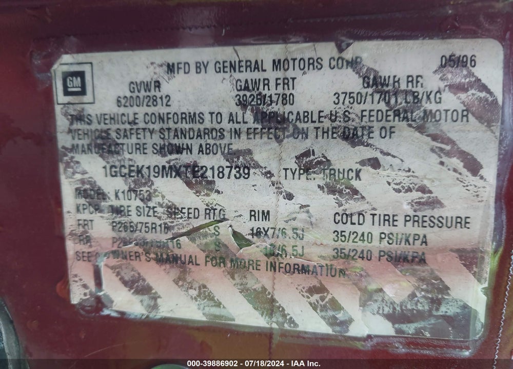 1996 CHEVROLET GMT-400 K1500 VIN: 1GCEK19MXTE218739