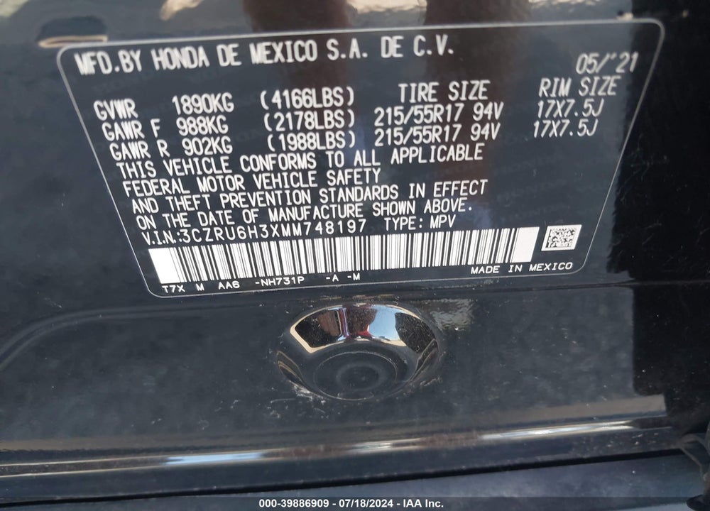 2021 HONDA HR-V AWD LX VIN: 3CZRU6H3XMM748197