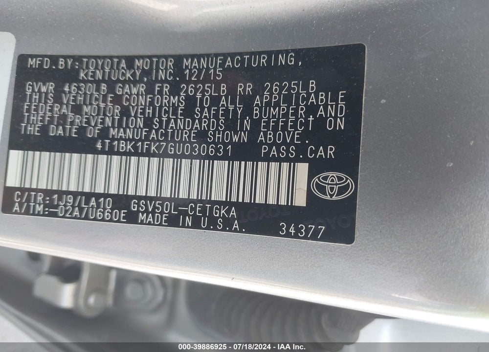 2016 TOYOTA CAMRY XLE V6 VIN: 4T1BK1FK7GU030631