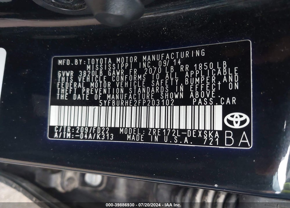 2015 TOYOTA COROLLA S VIN: 5YFBURHE2FP203102