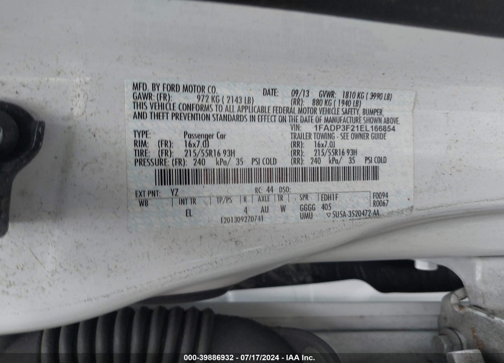 2014 FORD FOCUS SE VIN: 1FADP3F21EL166854