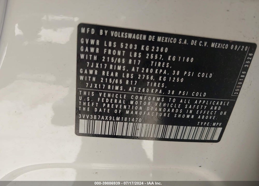 2020 VOLKSWAGEN TIGUAN 2.0T SE/2.0T SE R-LINE BLACK/2.0T SEL VIN: 3VV3B7AX9LM181470