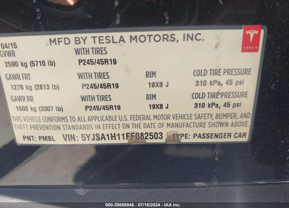 2015 TESLA MODEL S 60/70/85 VIN: 5YJSA1H11FF082503