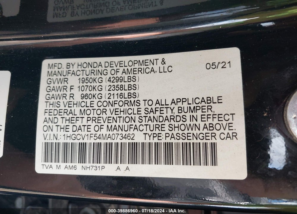 2021 HONDA ACCORD EX-L VIN: 1HGCV1F54MA073462