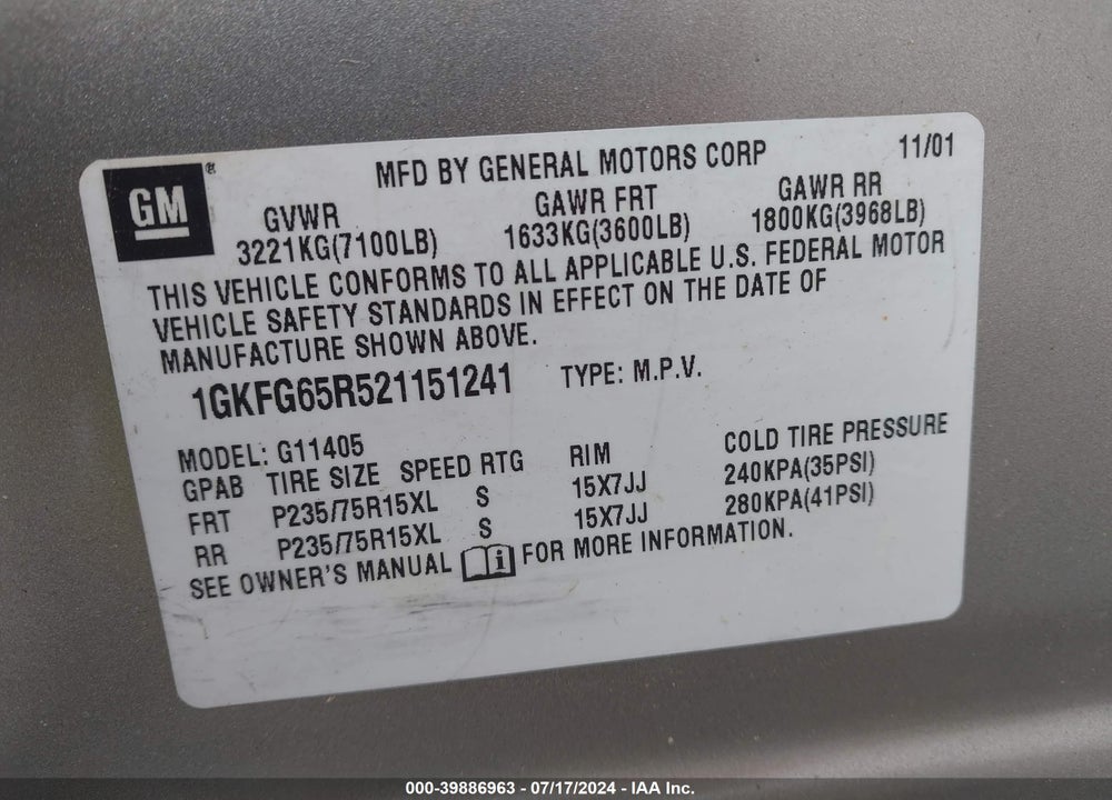 2002 GMC SAVANA SLT VIN: 1GKFG65R521151241