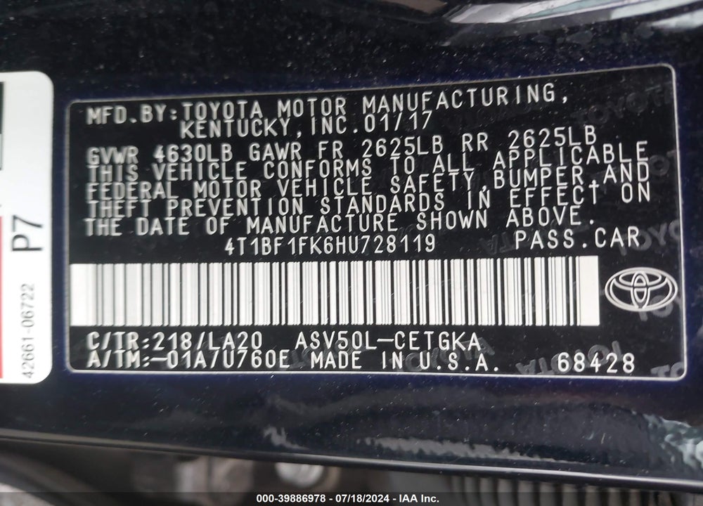 2017 TOYOTA CAMRY XLE VIN: 4T1BF1FK6HU728119