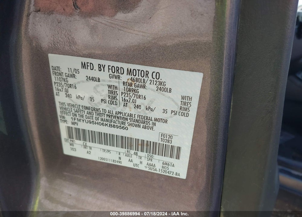 2006 FORD ESCAPE HYBRID VIN: 1FMYU95H06KB89560
