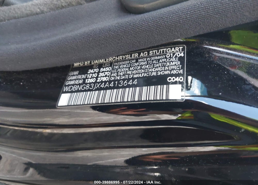 2004 MERCEDES-BENZ S 430 4MATIC VIN: WDBNG83JX4A413644