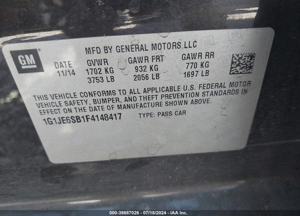 2015 CHEVROLET SONIC LTZ AUTO VIN: 1G1JE6SB1F4148417