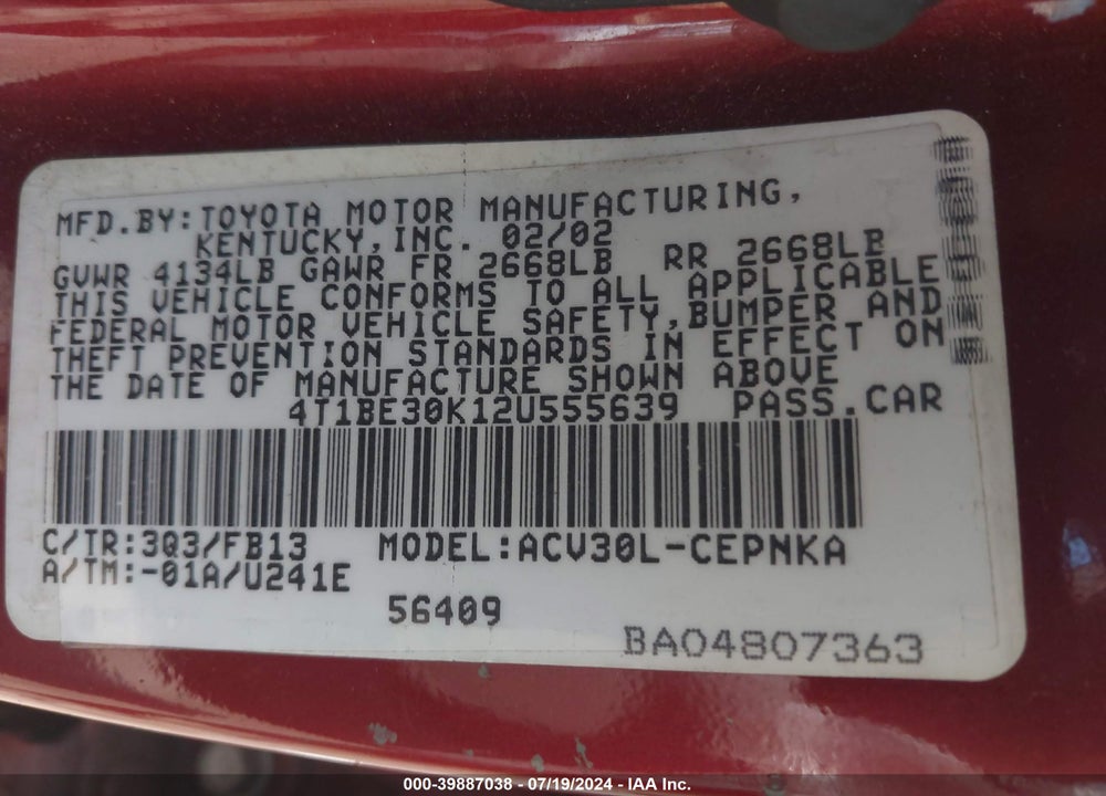 2002 TOYOTA CAMRY LE VIN: 4T1BE30K12U555639