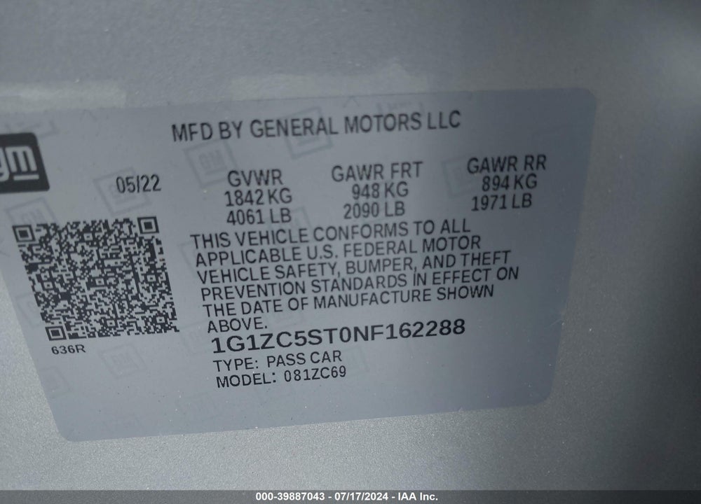 2022 CHEVROLET MALIBU FWD 1FL VIN: 1G1ZC5ST0NF162288