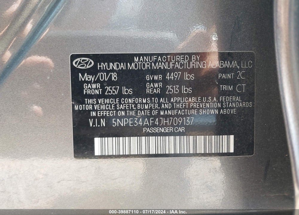 2018 HYUNDAI SONATA VIN: 5NPE34AF4JH709137