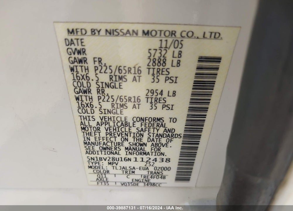 2006 NISSAN QUEST 3.5 VIN: 5N1BV28U16N112438
