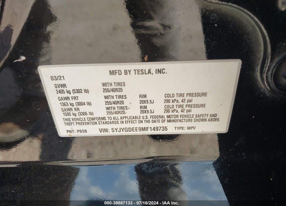 2021 TESLA MODEL Y LONG RANGE DUAL MOTOR ALL-WHEEL DRIVE VIN: 5YJYGDEE9MF149735