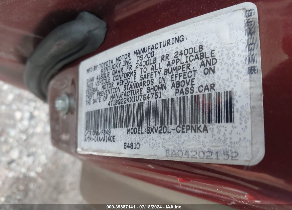2001 TOYOTA CAMRY LE VIN: 4T1BG22KX1U764751