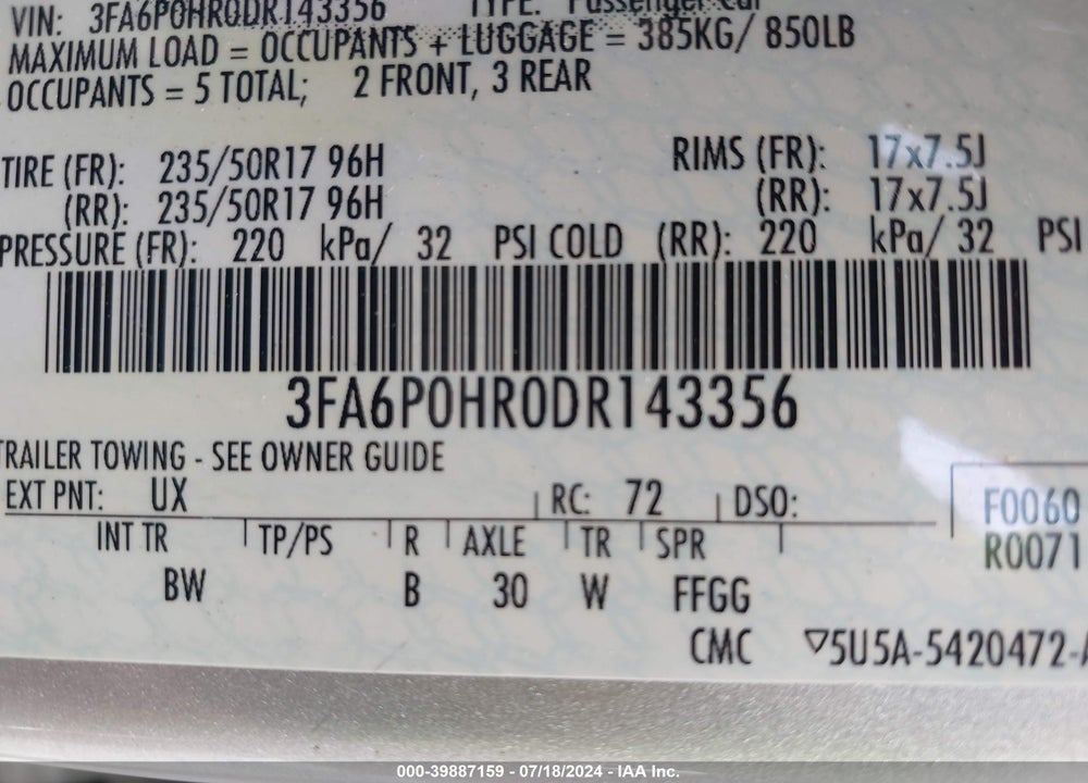 2013 FORD FUSION SE VIN: 3FA6P0HR0DR143356