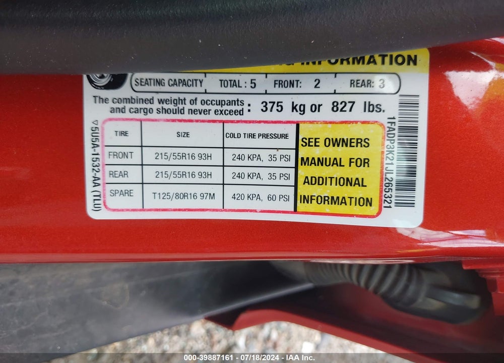 2018 FORD FOCUS SE VIN: 1FADP3K21JL265321