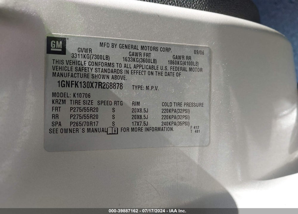 2007 CHEVROLET TAHOE LT VIN: 1GNFK130X7R268878