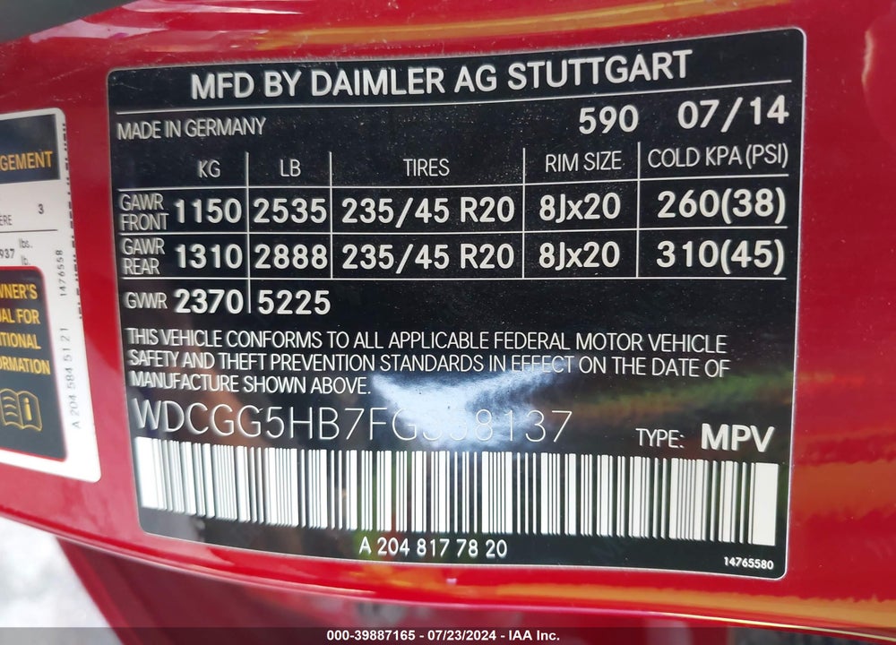 2015 MERCEDES-BENZ GLK 350 VIN: WDCGG5HB7FG358137