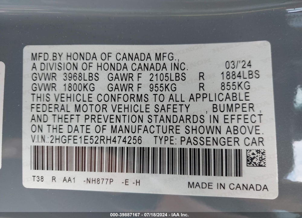2024 HONDA CIVIC SI SEDAN VIN: 2HGFE1E52RH474256