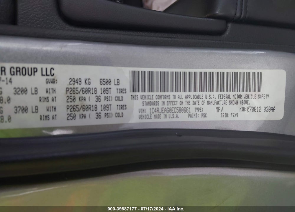 2014 JEEP GRAND CHEROKEE LAREDO VIN: 1C4RJEAG0EC580661