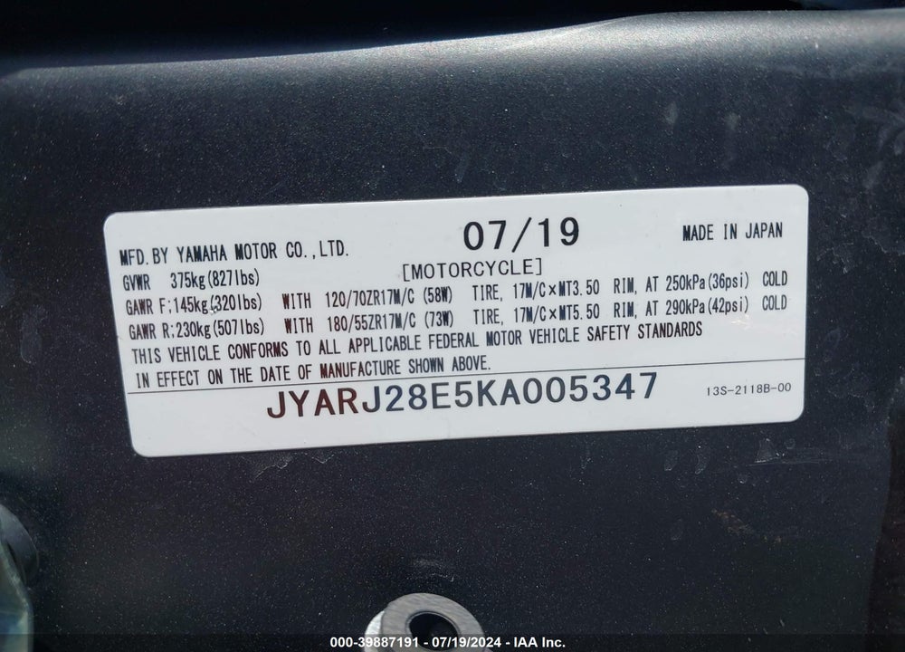 2019 YAMAHA YZFR6 VIN: JYARJ28E5KA005347
