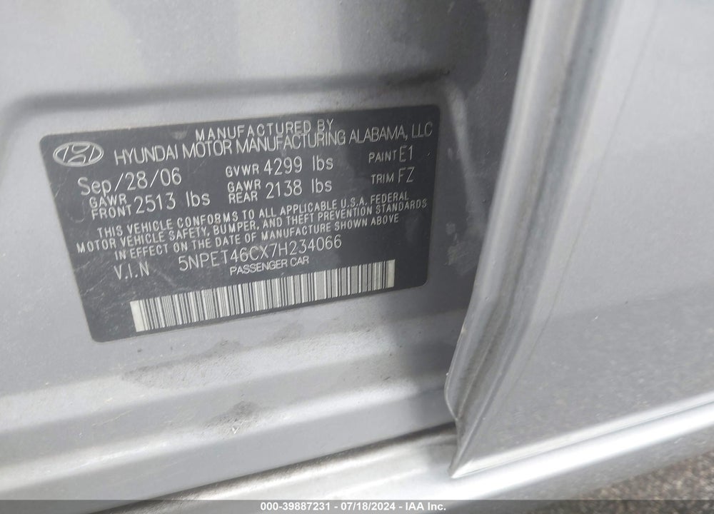 2007 HYUNDAI SONATA GLS VIN: 5NPET46CX7H234066