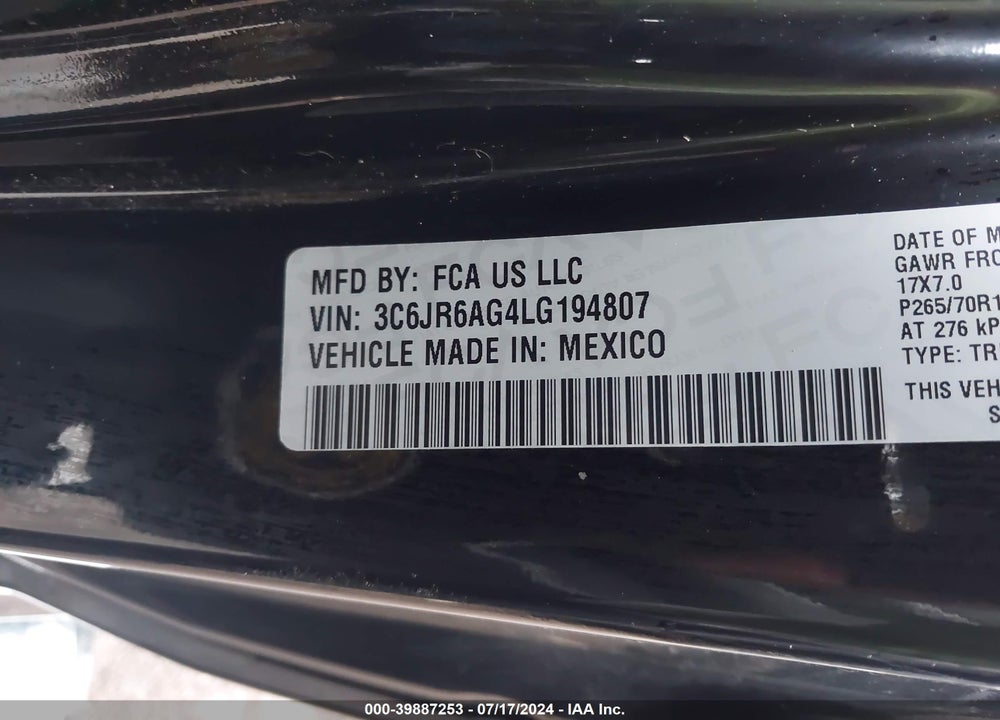 2020 RAM 1500 CLASSIC VIN: 3C6JR6AG4LG194807