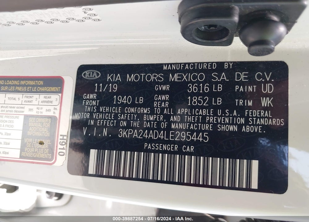 2020 KIA RIO S VIN: 3KPA24AD4LE295445