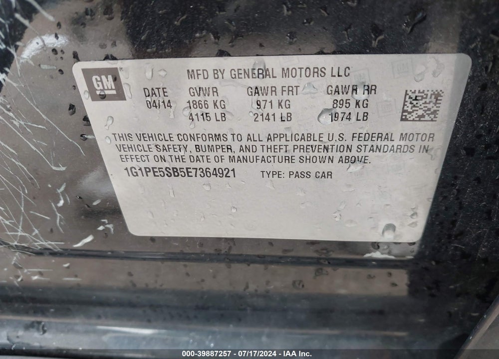 2014 CHEVROLET CRUZE VIN: 1G1PE5SB5E7364921