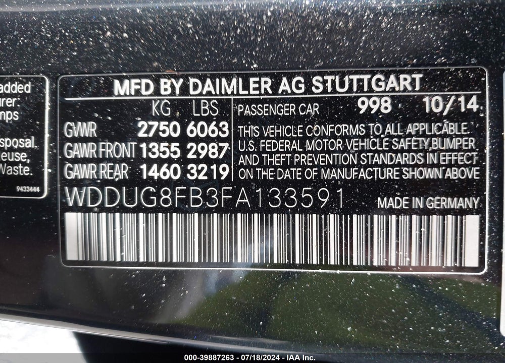 2015 MERCEDES-BENZ S 550 4MATIC VIN: WDDUG8FB3FA133591
