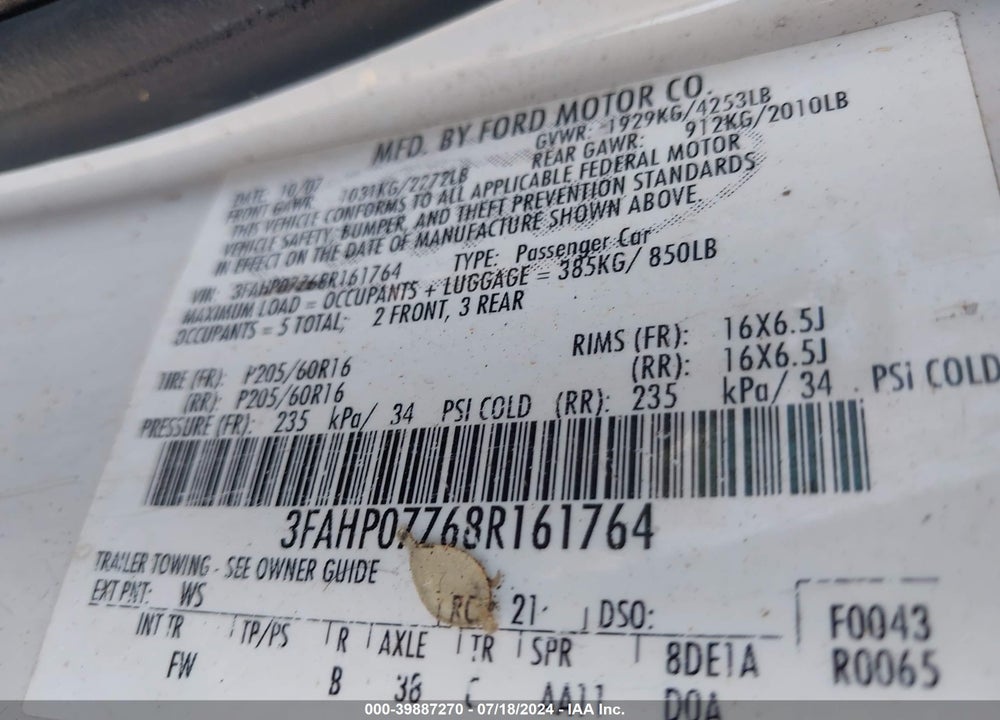 2008 FORD FUSION SE VIN: 3FAHP07Z68R161764