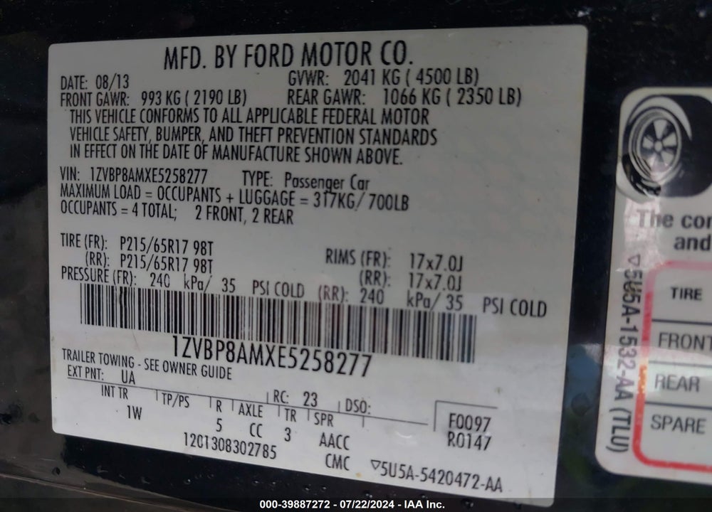 2014 FORD MUSTANG V6 VIN: 1ZVBP8AMXE5258277