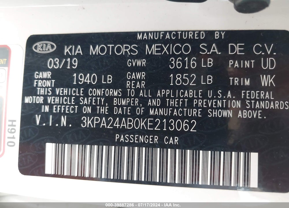 2019 KIA RIO S VIN: 3KPA24AB0KE213062