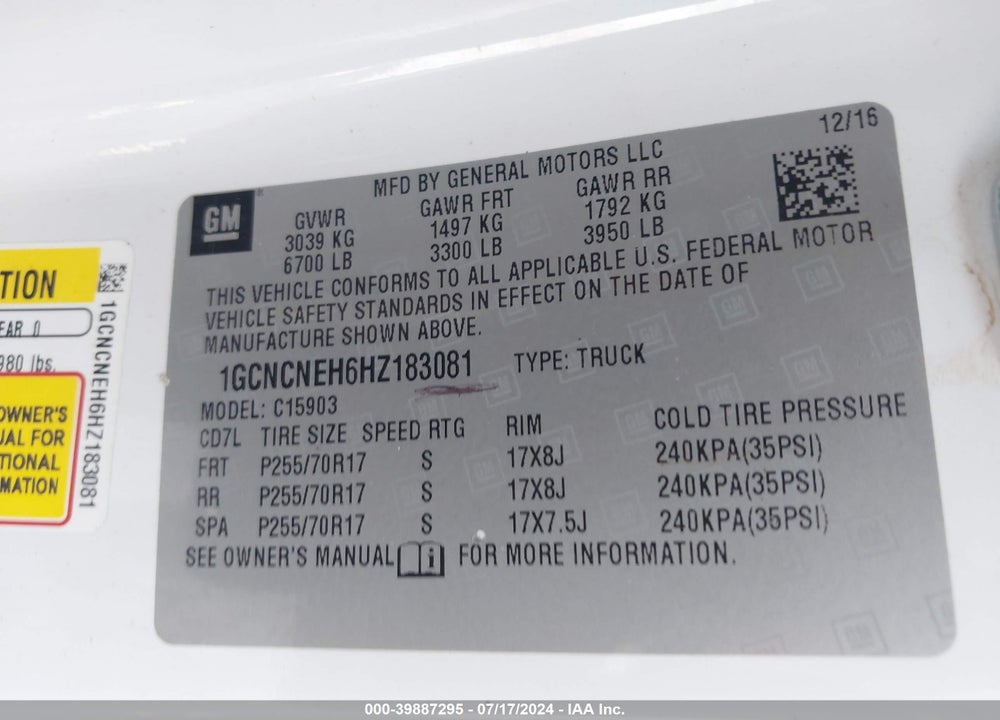 2017 CHEVROLET SILVERADO 1500 WT VIN: 1GCNCNEH6HZ183081