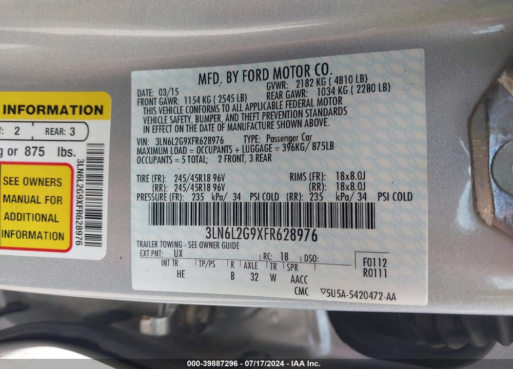 2015 LINCOLN MKZ VIN: 3LN6L2G9XFR628976
