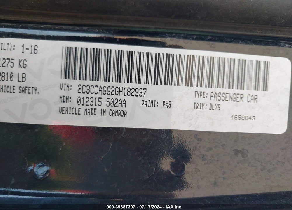 2016 CHRYSLER 300 VIN: 2C3CCAGG2GH182937