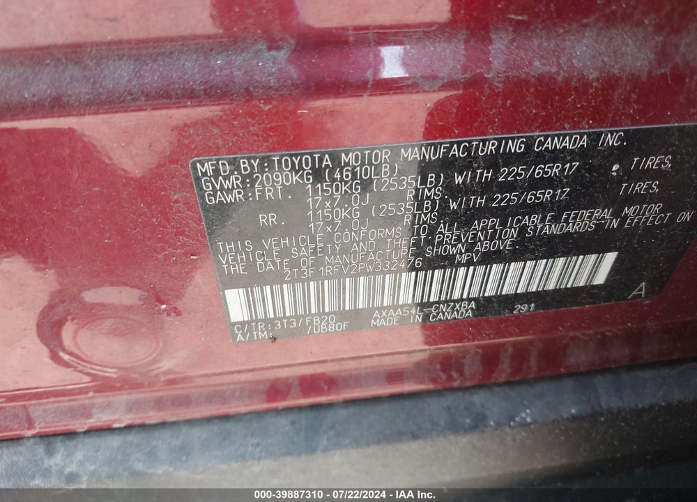 2023 TOYOTA RAV4 LE VIN: 2T3F1RFV2PW332476