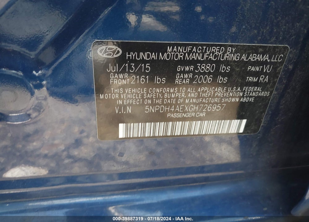 2016 HYUNDAI ELANTRA SE VIN: 5NPDH4AEXGH726957