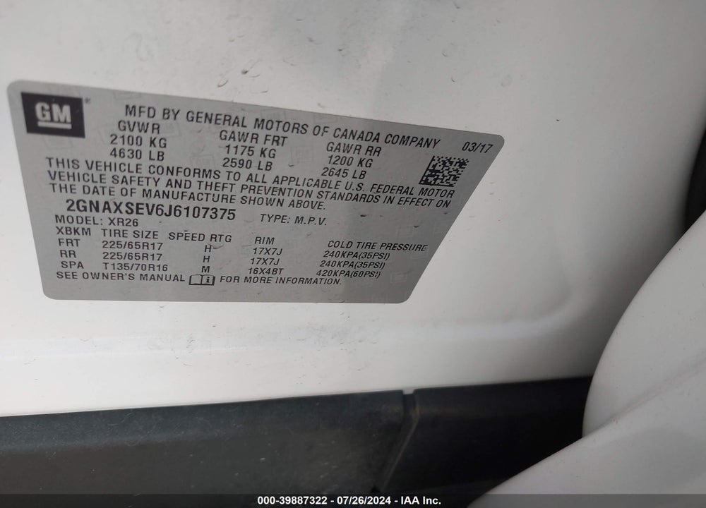 2018 CHEVROLET EQUINOX LT VIN: 2GNAXSEV6J6107375