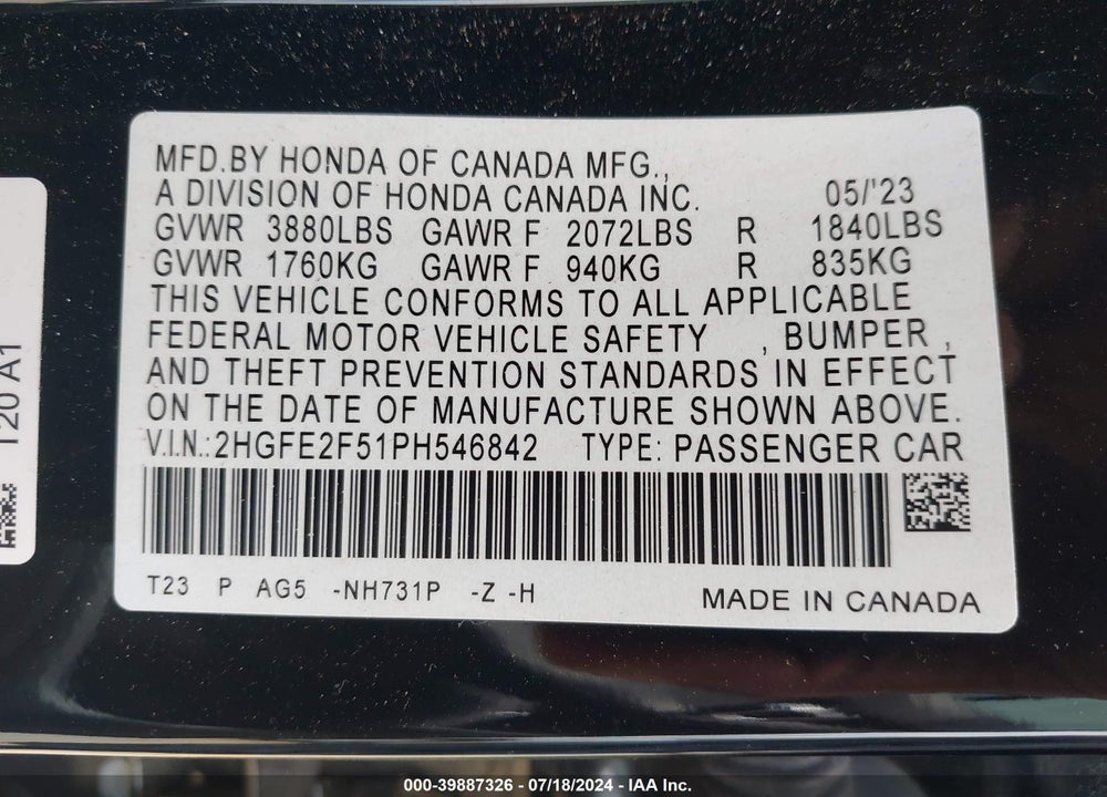 2023 HONDA CIVIC SPORT VIN: 2HGFE2F51PH546842