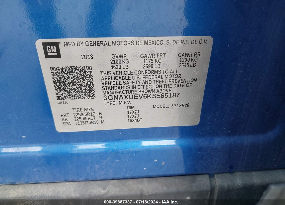 2019 CHEVROLET EQUINOX VIN: 3GNAXUEV6KS565187